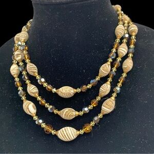 Vintage 50s three strand beaded necklace, brown tan neutral green